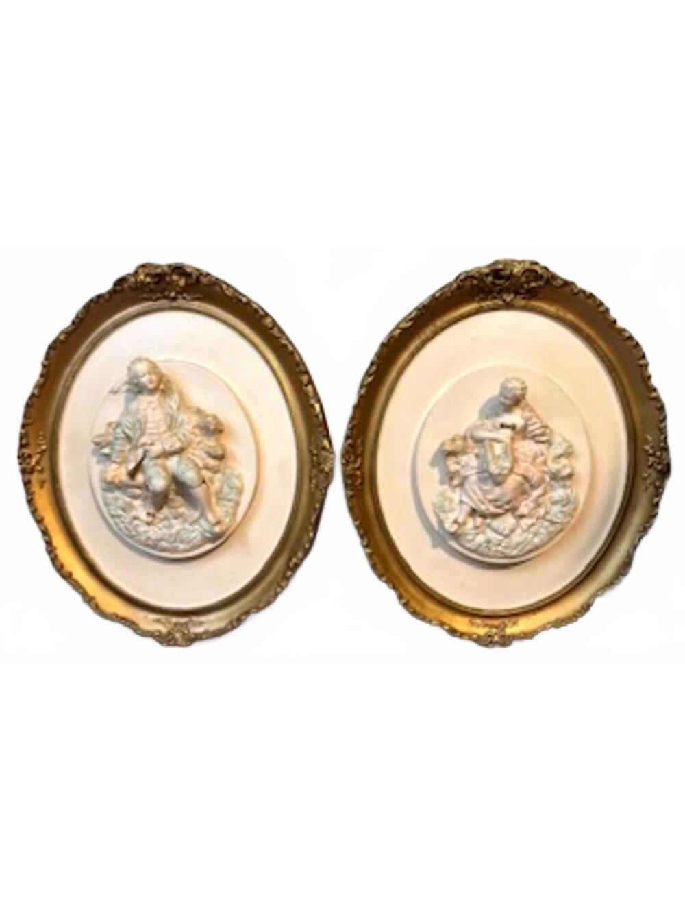 VTG SET OF TW0 ALEXANDER BACKER VICTORIAN WALL ART CHALKWARE PLAQUES